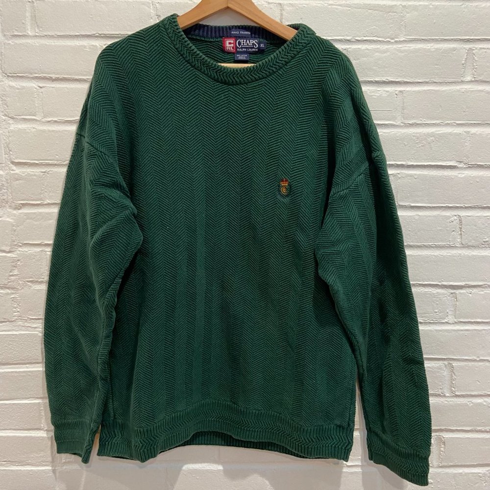 Vintage Chaps Ralph Lauren Hand Framed Green Pullover Crewneck Sweater Men's XL